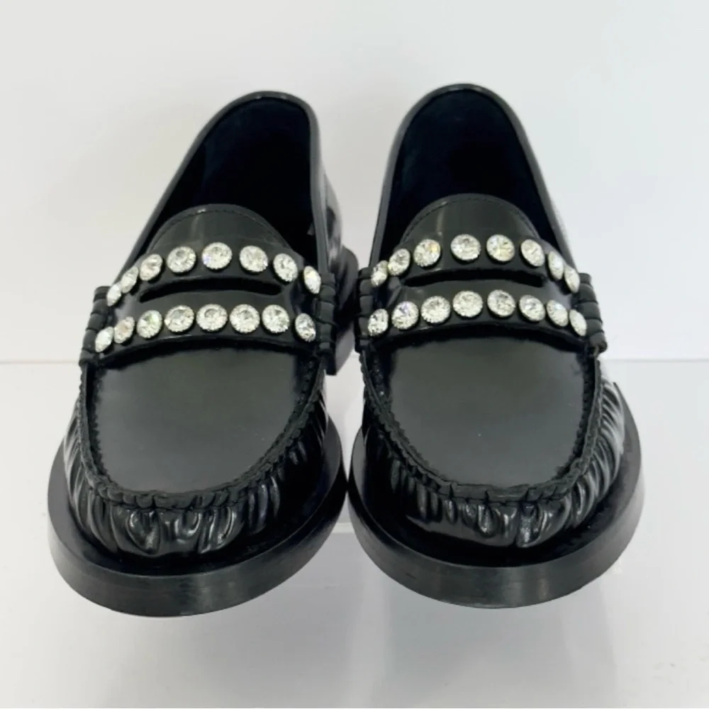 SANDRO Crystal-Embellished Patent-Leather Women’s Black Slip On Loafers Size 5